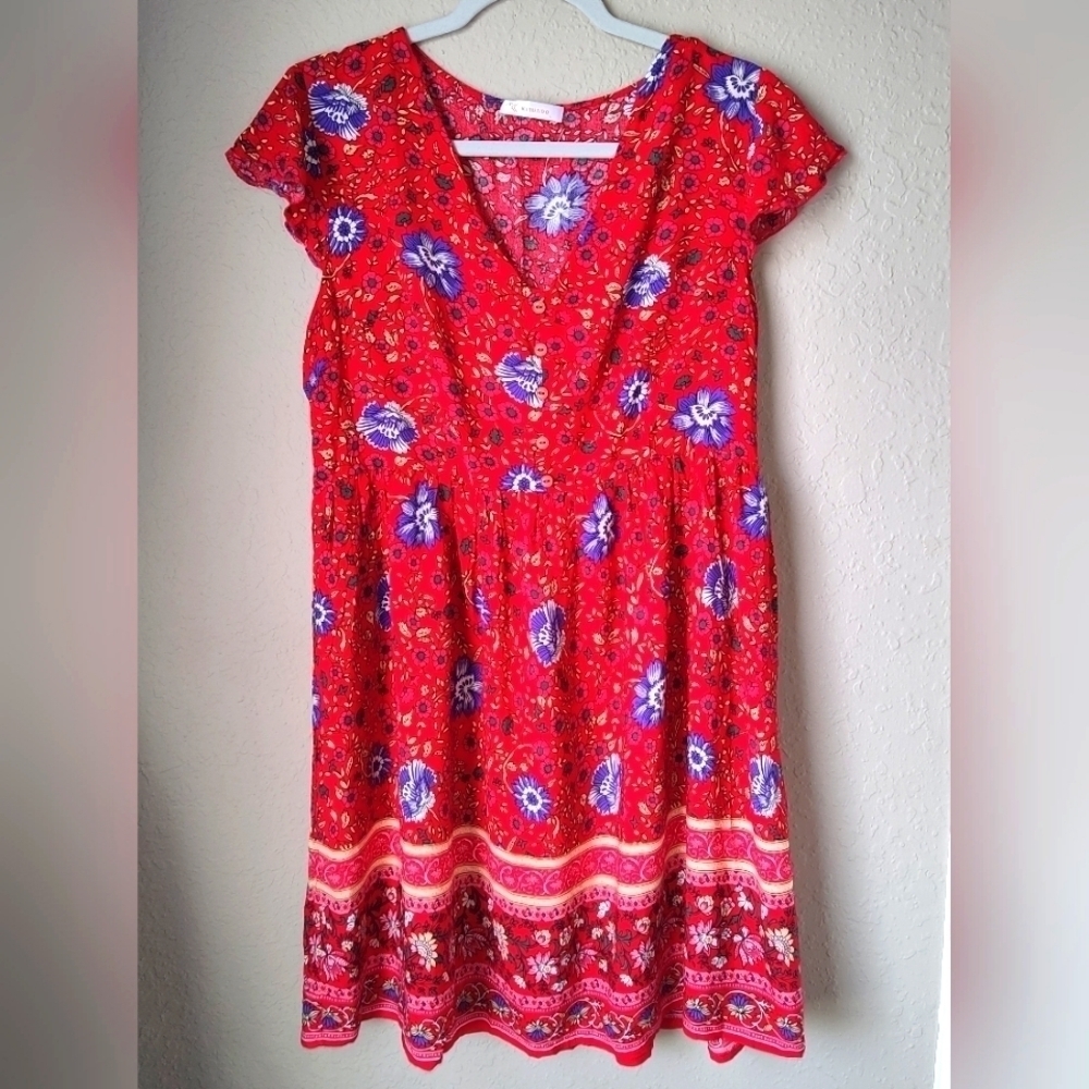 KIRUNDO Red Floral Boho Flutter Sleeves size L - Picture 2 of 7